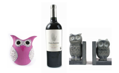 Korb 2 (Eulen Buchstützen, Deko Eule/ Kissen, Rotwein Cinco Sentidos)